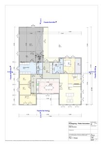 Etasjeplan (Plan 1. Etasje) som viser romfordeling, mål og fasaderetninger for en bolig.