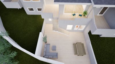 3D-visualisering av en bygning sett fra en vinkel som viser både fasade og deler av etasjene (etasjeplan).