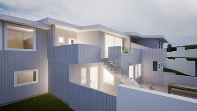 3D-visualisering av en moderne bolig med lysende vinduer og fasade.