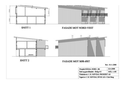 Tegning som viser fasade og snitt av en bygning (Bolig 4-6).