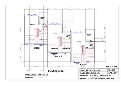 Etasjeplan (PLAN 2. ETG) som viser romfordeling, størrelser og bruksareal for tre boliger (BOLIG 4, 5 og 6).