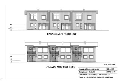 Fasadetegning som viser bygningens utsyn mot nord-øst og sør-vest, inkludert vinduer, dører og takform.