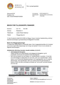 Fasadetegning som viser etasjeplan og fasadeoppsett for en boligrekke, med merking av tiltaket (rødt kryss) og kommentarer om vindu og fasadeuttrykk.