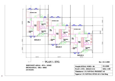 Etasjeplan (1. etasje) for tre boliger (BOLIG 4, 5 og 6) med romfordeling, mål og arealopplysninger.