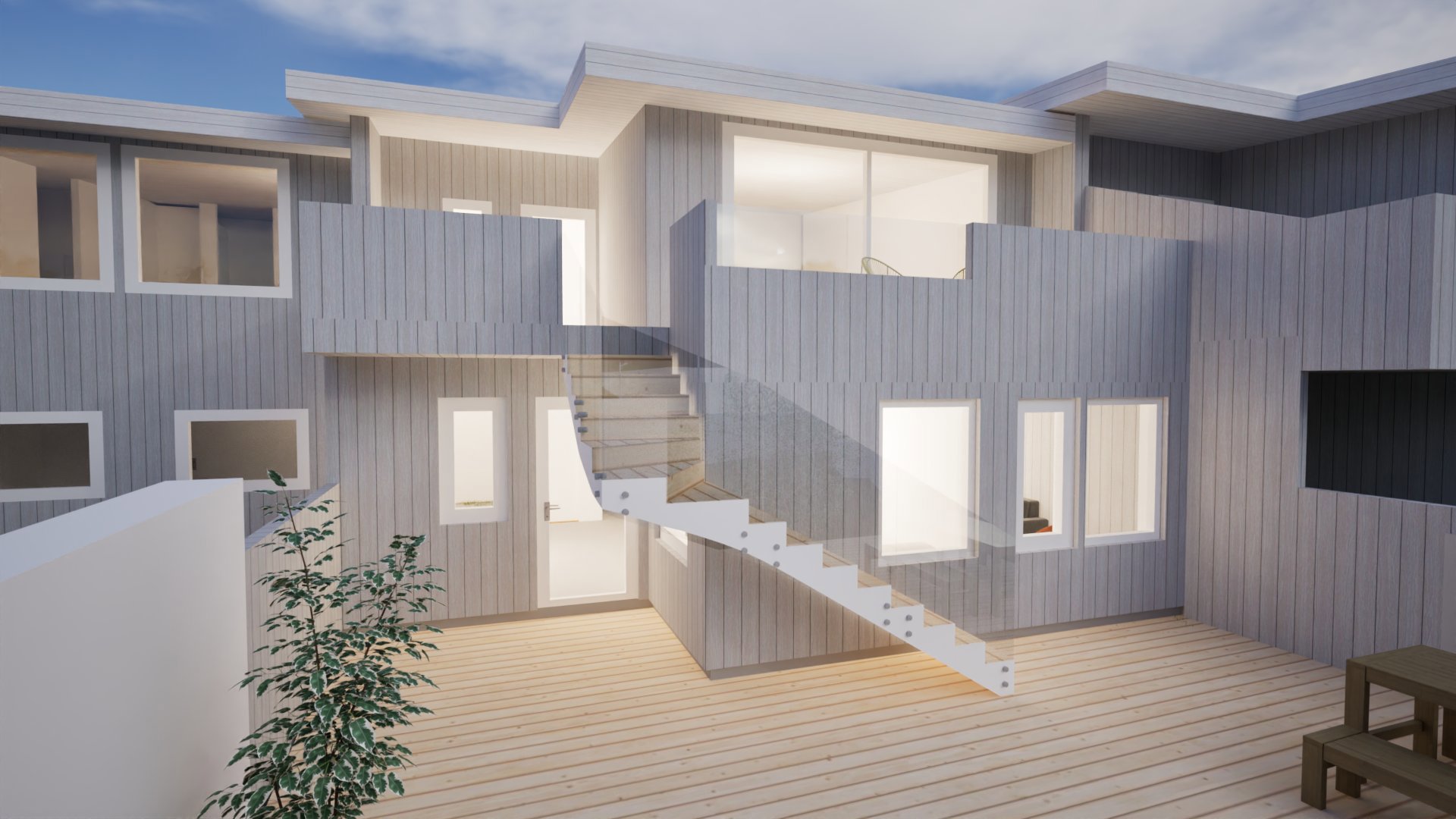 3D-visualisering av en moderne bygning sett fra utsiden, med fokus på fasade, trapp og omgivelser.