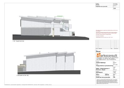 Tegning som viser fasadeopprikk for bygningens nord-vest- og sør-øst-sider.