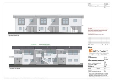 Fasadetegning som viser bygningens ytre utseende fra to vinkler: Nord-Øst og Sør-Vest.