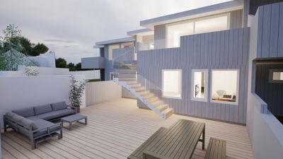 3D-visualisering av en moderne villa med terrasse, trapp og utvendig møblering.