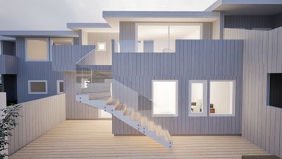 3D-visualisering av en moderne bolig med fokus på fasade, trapp og materialvalg.