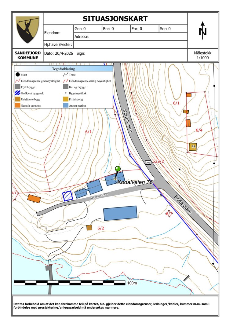 Situasjonskart som viser eiendomsgranser, naboeiendommer, topografi og plassering av bygninger på tomt.
