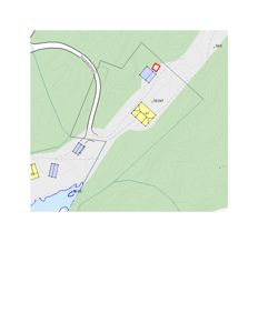 Situasjonsplan som viser tomtens beliggenhet i forhold til nabolag, vei (Rødsdalenveien) og terrengforhold (konturlinjer).