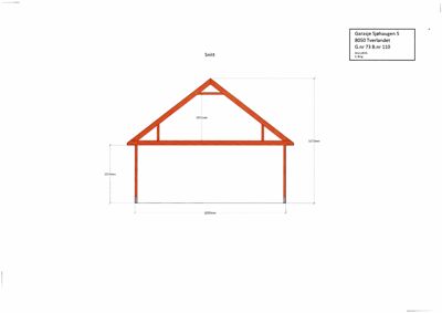 Snittegning som viser tverrsnittet av en garasje med mål for takhøyde, vegghøyde og bredde.