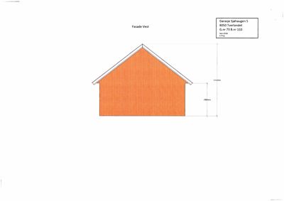 Fasadetegning av en garasje sett fra vest, med angitte mål på høyde og bredde.