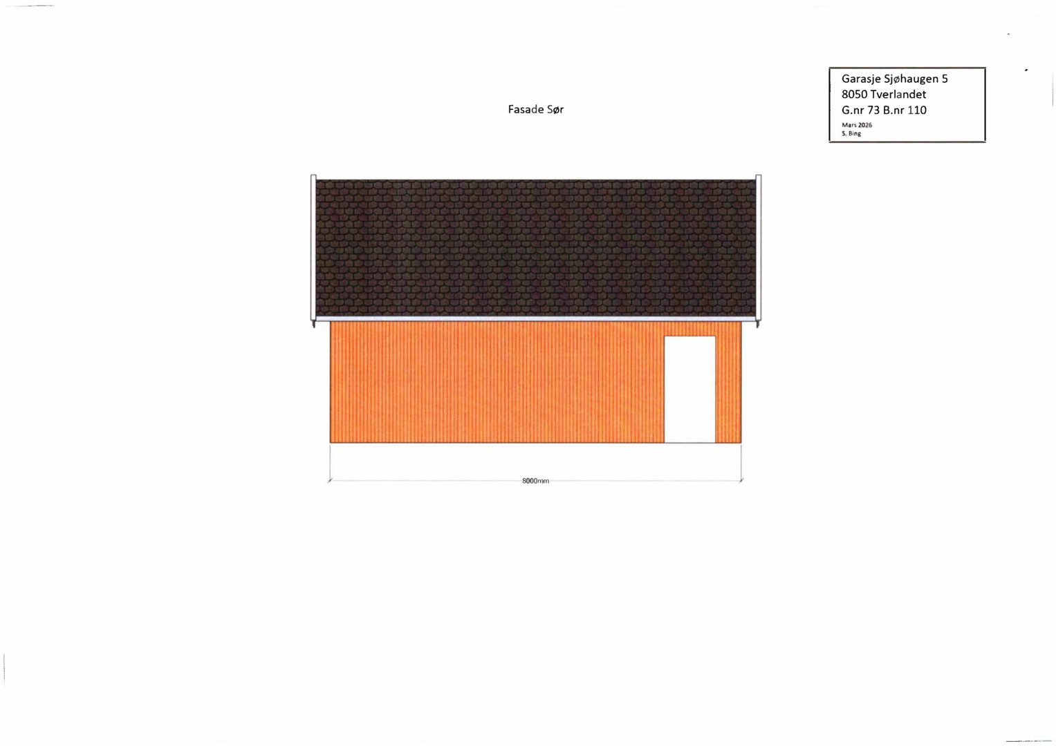 Fasadetegning av en garasje sett fra sør, med oppgitt mål og materialefarger.