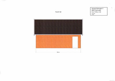 Fasadetegning av en garasje sett fra sør, med oppgitt mål og materialefarger.