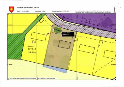 Situasjonsplan som viser tomtens plassering, grenser, naboeiendommer og bygningers plassering med mål.
