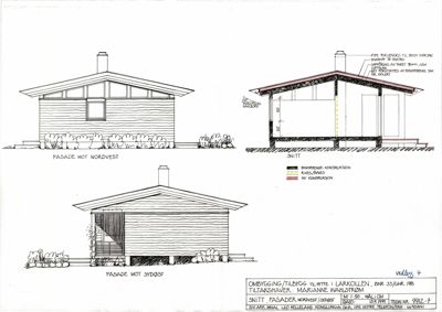 Tegning som viser fasader og snitt av en bygning. Bildet inneholder oppriss av fasade mot nordvest, fasade mot sydvest og et snitt.