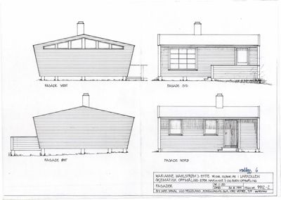 Fasadetegning som viser bygningens utseende fra fire sider (vest, syd, øst, nord).