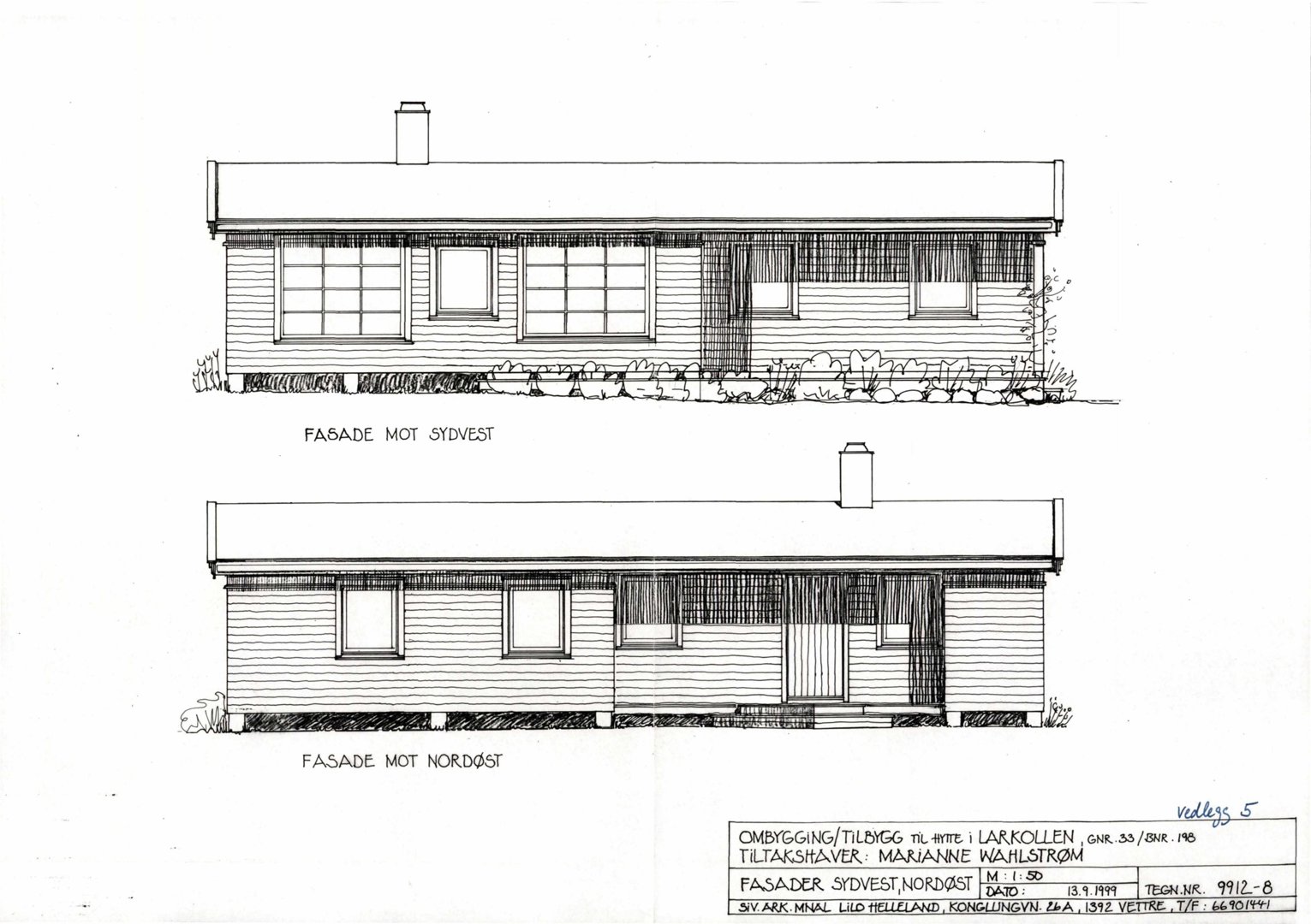 Tegning som viser fasadeopprikk for en bygning sett fra to sider (sydvest og nordøst).