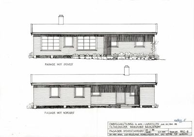 Tegning som viser fasadeopprikk for en bygning sett fra to sider (sydvest og nordøst).