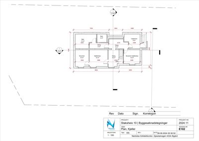 Etasjeplan for kjeller (Plan, Kjeller) med romfordeling og mål.