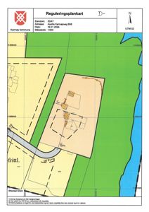Reguleringsplankart som viser eiendomsgrunn, bygningers plassering, vegforhold og arealbruk.