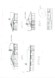 Fasadetegning som viser bygningens utsyn fra fire sider (Nord, Sør, Øst, Vest) med håndskrevne merknader om takutbyggninger.