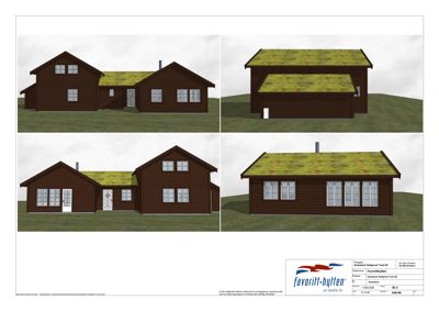 Fasadetegning som viser bygningens utsyn fra fire ulike vinkler (front, side, bak og en annen side).