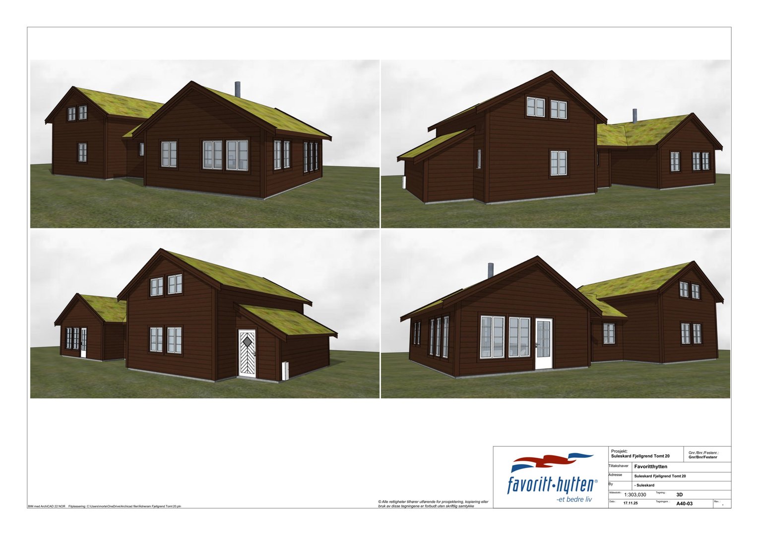En samling av fire 3D-visualiseringer (renderinger) som viser en hytte fra ulike vinkler. Bildet er en arkitekttegning som visualiserer fasade og utseende.