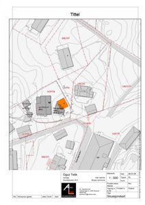 Situasjonskart som viser tomtens beliggenhet, grenser, høydemålerlinjer og nabolag.