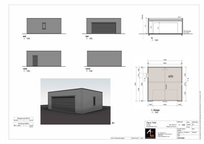 Bildet viser fasadetegninger for en garasje sett fra alle fire sider (øst, sør, vest, nord) samt et snitt (A-A) og en 3D-visualisering (P1) av bygningen.