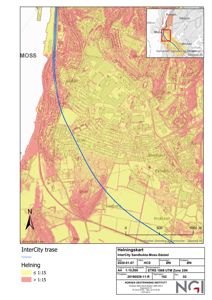 Helningskart som viser helning langs InterCity traseen i Moss, med fargekoding for helning og en innfelt situasjonskart.