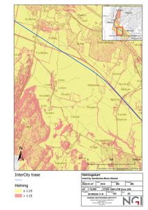 Helningskart som viser helning i et område langs InterCity traseen mellom Sandbukta og Sæstad. Kartet viser også nabolag som Moss, Halden og Fredheim.