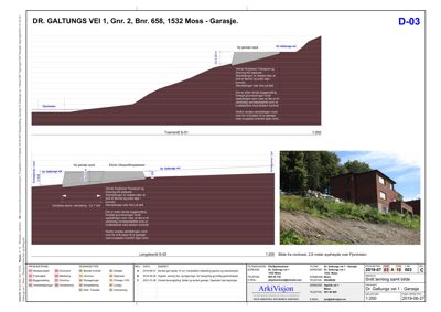 Tegning som viser tverrsnitt (snitt) av en bygning sett fra nordvest, inkludert etasjeplaner og grunnplan.