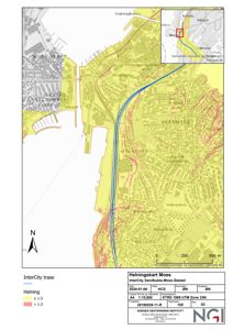 Helningsskart (helningsskart) for InterCity traseen mellom Moss og Sæstad. Kartet viser terrengformingen (helning) i området med en oversikt over Moss sentrum og omgivelsene.