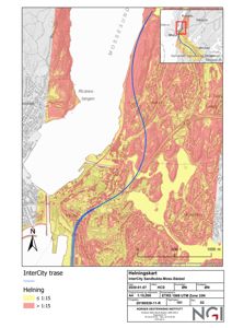 Helningskart over InterCity traseen mellom Moss og Sæstad, som viser terrengforhold og helning langs ruten.