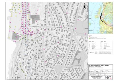 Kart over et område i Moss kommune som viser geotekniske punkter (fargekodet) og en rute (sort linje).