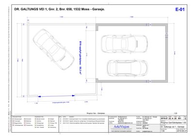 Etasjeplan for en garasje med plassering av to biler og angivelse av innkjøringsgate.