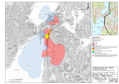 Kart over Moss kommune som viser etableringsområder for skredfare (rødt og blått) og en planlagt utbygging (gult).
