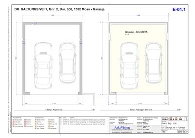 Plantegning av et garasjeplass med to parkeringsplasser, inkludert mål og oppriss av vegger.
