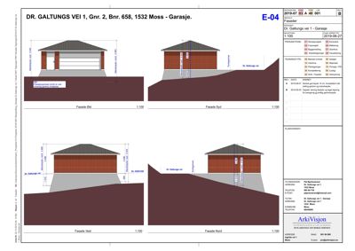 Fasadetegning som viser oppriss av en garasje sett fra fire sider (Øst, Syd, Vest, Nord) med mål og detaljer.