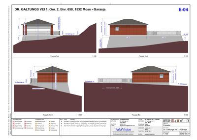 Fasadetegning som viser oppriss av bygningens ytre utseende fra fire ulike vinkler (Nord, Sør, Vest og Øst).