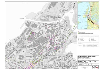 Kart over et område (Moss/Sandbukta) med markerte punkter for vurdering av områdestabilitet, inkludert en situasjonskart-innsats i øvre høyre hjørne.