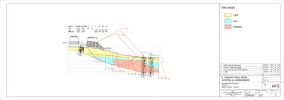Snittegning som viser grunnforhold, grunnvann og forankring av en bygning.
