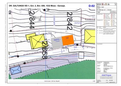 Situasjonsplan som viser tomtens beliggenhet, grenser, naboeiendommer og plassering av garasje og biloppstillingsplass.