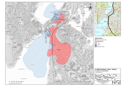Kart over Moss kommune som viser områder med lav, middel og høy risiko for skred (rød og blå fargete områder).
