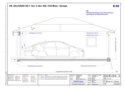 Lengdesenitt (S-022) av en garasje med mål og konstruksjonsdetaljer