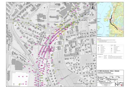 Kart over et område i Oslo (Sandbukta - Mossa - Sæstad) som viser punkter for vurdering av områdestabilitet, med en oversiktskart i øvre høyre hjørne.