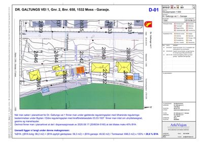 Situasjonsplan (D-01) som viser tomtens beliggenhet, nabotomter, veier og bygningers plassering i forhold til hverandre.