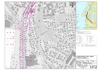 Kart over et område i Oslo (Skarmyra, Malakoff) med markerte punkter for geotekniske undersøkelser og en oversikt over nabolaget.